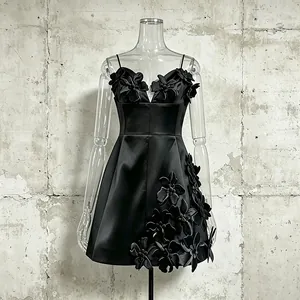 Elegant black A-line mini dress featuring exquisite 3D floral appliqués on satin fabric