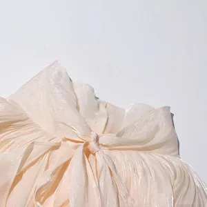 Gros plan montrant la texture plissée chatoyante d'une robe mi-longue beige de style français.