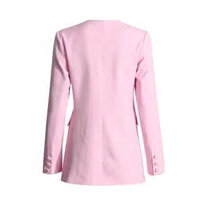 Back view of a pink tailored blazer with long sleeves and button cuffs for women