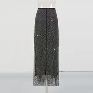 Detail view of a black sparkling rhinestone mesh maxi skirt for socialite style