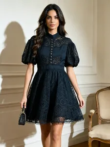 Elegant Stand Collar Puff Sleeve Embroidered Patchwork High Waist Mini Dress For Women Summer Solid Color A-Line Fashion Dress