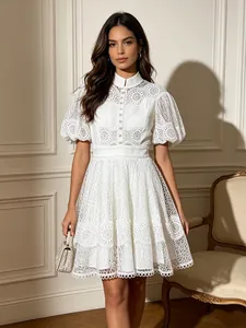 Elegant white high-collar lace mini dress with puff sleeves and floral embroidery