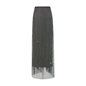 Elegant French style black sequined maxi skirt with shimmering rhinestones for women