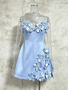 Elegant light blue A-line mini dress with 3D floral appliques for beach vacation wear