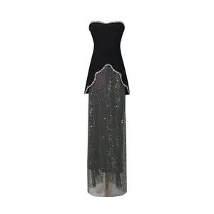 French style evening set with strapless beaded top and silver sequined maxi skirt.