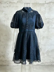 Elegant navy stand collar lace dress with puff sleeves and embroidery