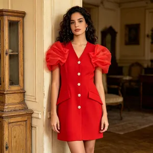 Elegant red blazer dress with V-neck, organza puff sleeves, and rhinestone buttons.