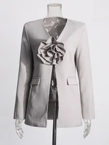 Elegant grey blazer jacket with large 3D flower design and deep V-neck for women stylish look