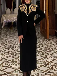 Set Due Pezzi Donna Stile Cinese Classico Collo Alto Top con Perline e Ricami Gonna Lunga a Linea A Vita Alta Elegante Outfit da Festa Nero