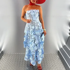 Elegant light blue strapless maxi dress featuring 3D floral embroidery details