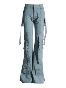 Pantaloni cargo a zampa blu vintage a vita bassa con cinturini con occhielli