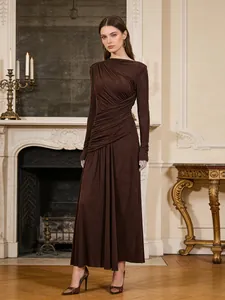 Elegant chocolate brown long-sleeved pleated maxi dress for a slim fit evening look.