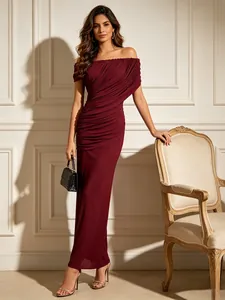 Women Elegant Ruched Off-Shoulder Maxi Dress High Waist Slim Fit Hip-Hugging Polyester Evening Party Gown Top And Bottom