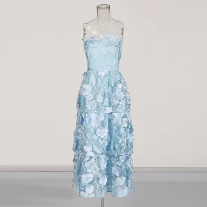 Elegant light blue strapless maxi dress featuring intricate 3D floral embroidery details