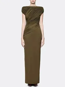 Elegant olive green pleated maxi dress with off-shoulder design and high waist silhouette