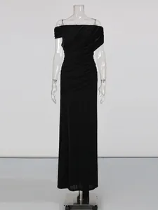 Elegant black ruched off-the-shoulder maxi dress with high waist design for formal events