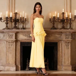 Stunning lemon yellow strapless maxi dress featuring elegant waist ruffle design