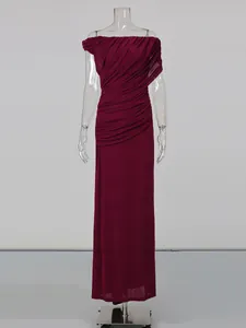 Elegant wine red off-shoulder ruched maxi dress with a high waist slim fit design