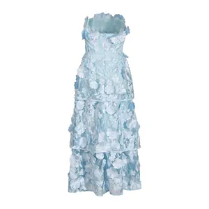 Detail view of back zipper on light blue strapless 3D floral embroidered maxi dress.