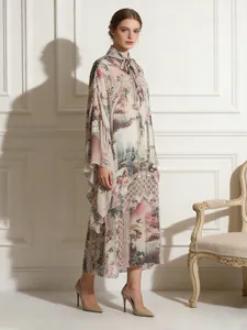 Vestito Maxi in Stile Palazzo Vintage per Donna Collo Alto Allacciato Maniche Irregolari Stampa Digitale Paesaggio Floreale Top And Bottom