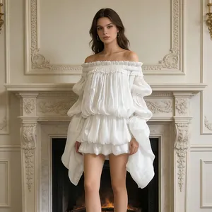 Elegant white off-the-shoulder mini dress featuring pleated texture and ruffled details