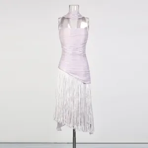 Elegant lavender halter party dress featuring ruched bodice and fringe tassel skirt