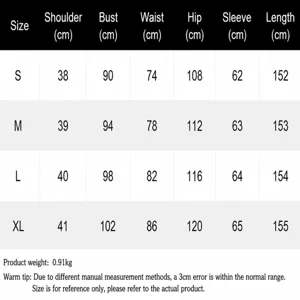 Tabla de tallas para vestido largo de manga larga con medidas para tallas S, M, L y XL.