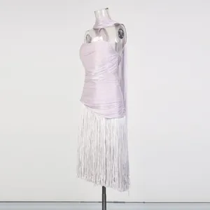 Elegant lavender halter party dress featuring a ruched bodice and silver fringe skirt