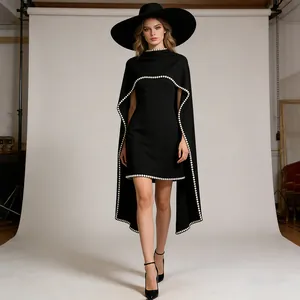 Elegant black sleeveless cape dress with sophisticated pearl beading for banquet wear