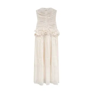 Elegant cream strapless maxi dress with pleated texture and ruffle waist detail