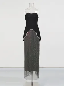 Elegant French socialite style strapless beaded top and sparkling sequin long skirt dress set