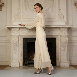 Elegant cream pleated maxi dress with long sleeves and round neck design for women