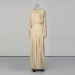 Elegant minimalist cream pleated long-sleeved maxi dress with round neck and loose fit