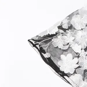 Close-up detail showing intricate white 3D floral embroidery on elegant black mesh fabric