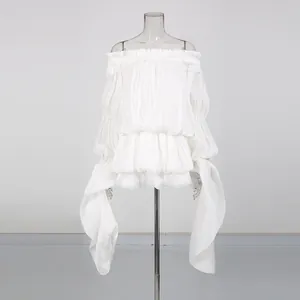 Elegant off-the-shoulder white pleated dress with flowing streamer sleeves and ruffle details