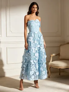 Women's Sexy Tube Top Maxi Dress Elegant 3D Flower Embroidery Polyester Cotton Tiered Long Dress For Banquet Party Wedding