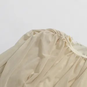 Close-up detail of gathered shoulder and round neckline on a beige pleated mesh dress