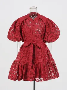 Elegant red puff sleeve jacquard mini dress with hollow-out lace details and waist tie