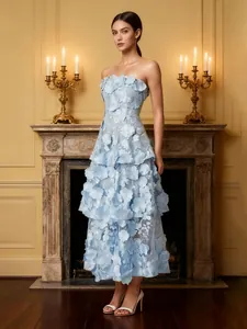 Elegant light blue strapless maxi dress with 3D floral embroidery and tiered design