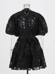 Elegant black puff sleeve jacquard lace dress with tie waist for spring season 2026
