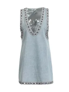 Abito corto da donna in denim azzurro con scollo a V profondo e strass