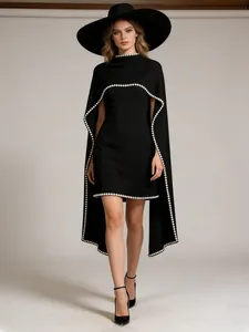 Women Elegant Beaded Cape Dress Light Luxury Straight Mini Banquet Evening Gown Polyester Sleeveless Lady Top And Bottom