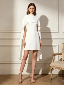 Elegant luxury white beaded sleeveless mini dress with sophisticated cape design for banquets