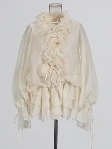 Elegante witte chiffon jurk met ruches en 3D-bloemontwerp voor dames, lange mouwen.