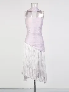 Elegant lavender pleated party dress featuring a white fringe hem and matching neck scarf.