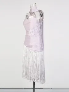 Elegant light purple halter party dress with ruched bodice and fringe skirt detail