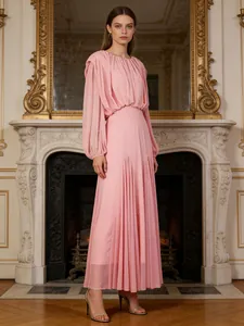 Women Casual Pleated Maxi Dress Polyester Cotton Blend Long Sleeve Round Neck Solid Color Loose Fit Elegant Long Skirt