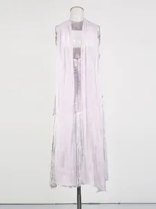Elegant lavender party banquet dress featuring halter neck, long scarf detail and fringe hem