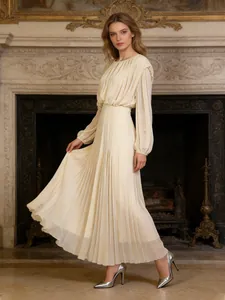 Elegant cream round-neck long-sleeve pleated maxi dress for women with sophisticated design.