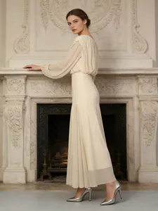 Elegant cream long sleeve pleated maxi dress with a minimalist round neck design for women
